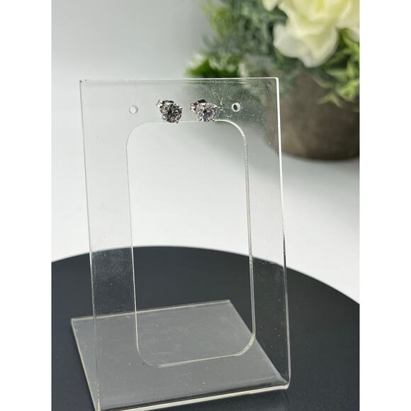 LM Signed 14k White Gold 4 Prong 5mm Round Stud Solitaire CZ Earrings - Picture 4 of 14